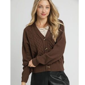 Brown Cable Knit Button-Front Cardigan